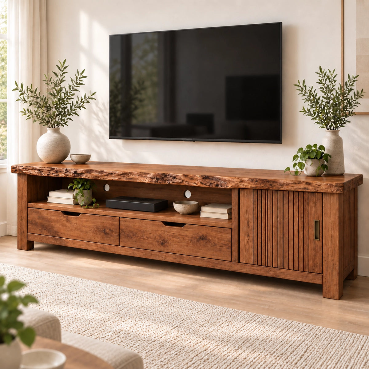 TV Stand with Fluted Cabinet Door and Storage Drawers in Natural Solid Wood - Woodenecho - 8