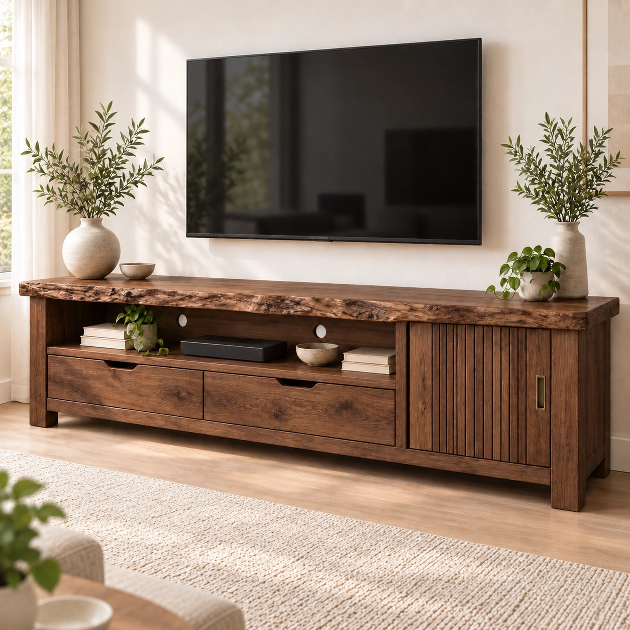 TV Stand with Fluted Cabinet Door and Storage Drawers in Natural Solid Wood - Woodenecho - 9