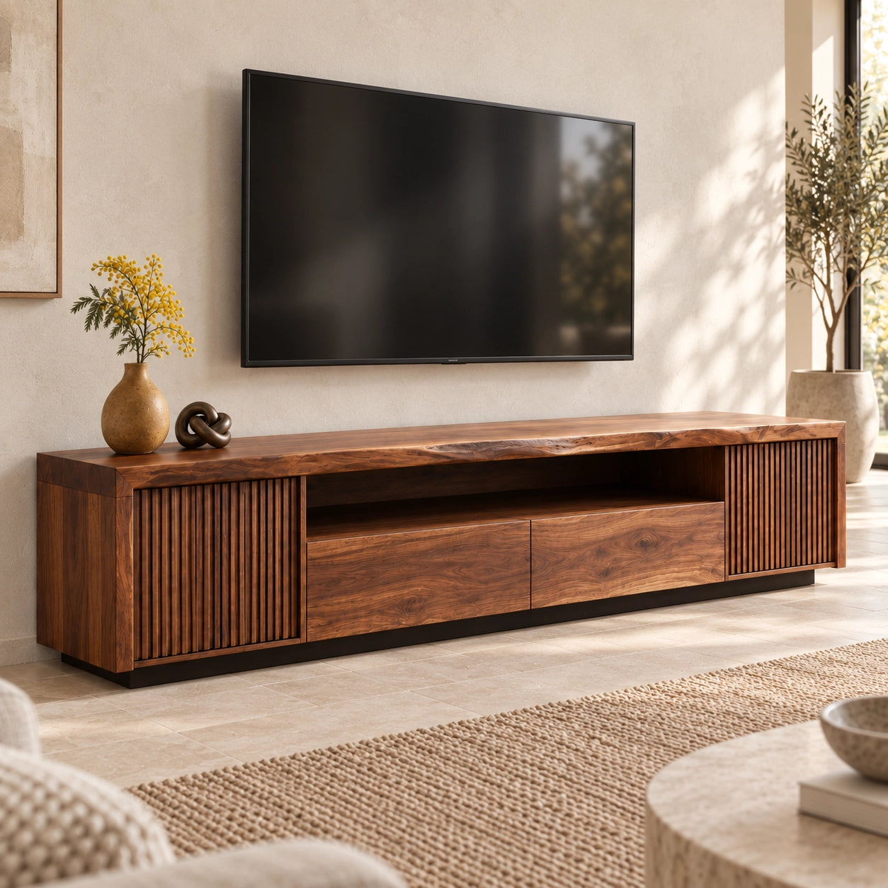 TV Stand with Fluted Cabinet Doors and Open Shelf in Natural Solid Wood - Woodenecho - 1