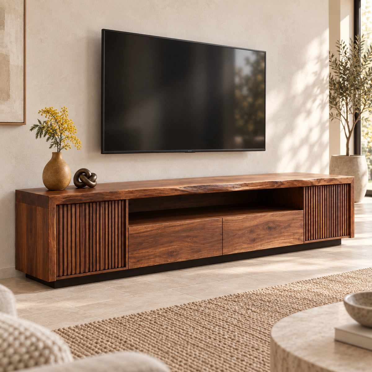TV Stand with Fluted Cabinet Doors and Open Shelf in Natural Solid Wood - Woodenecho - 1
