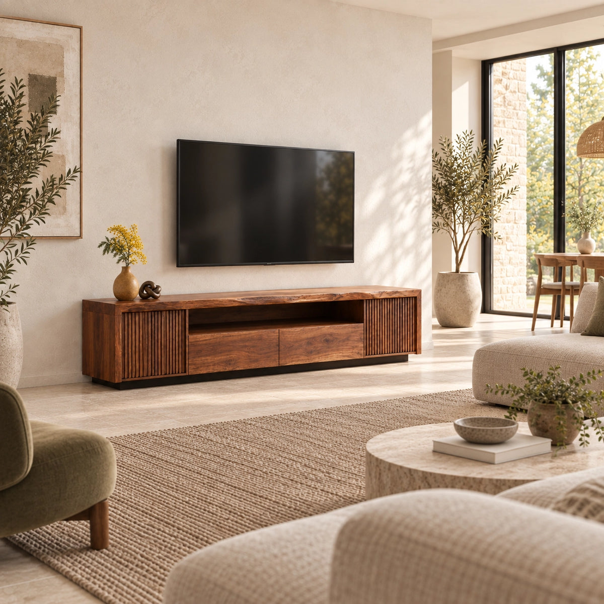 TV Stand with Fluted Cabinet Doors and Open Shelf in Natural Solid Wood - Woodenecho - 2