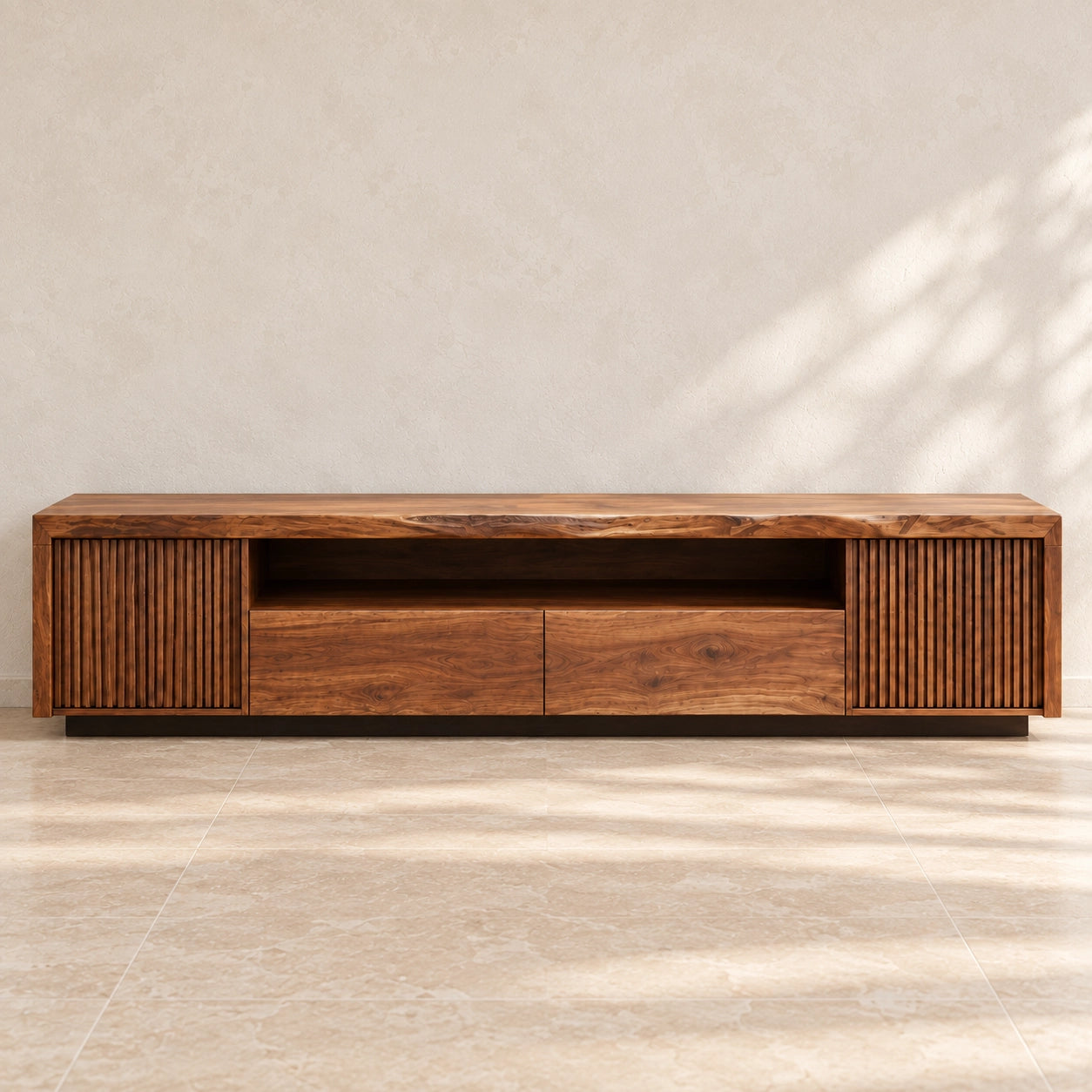 TV Stand with Fluted Cabinet Doors and Open Shelf in Natural Solid Wood - Woodenecho - 3