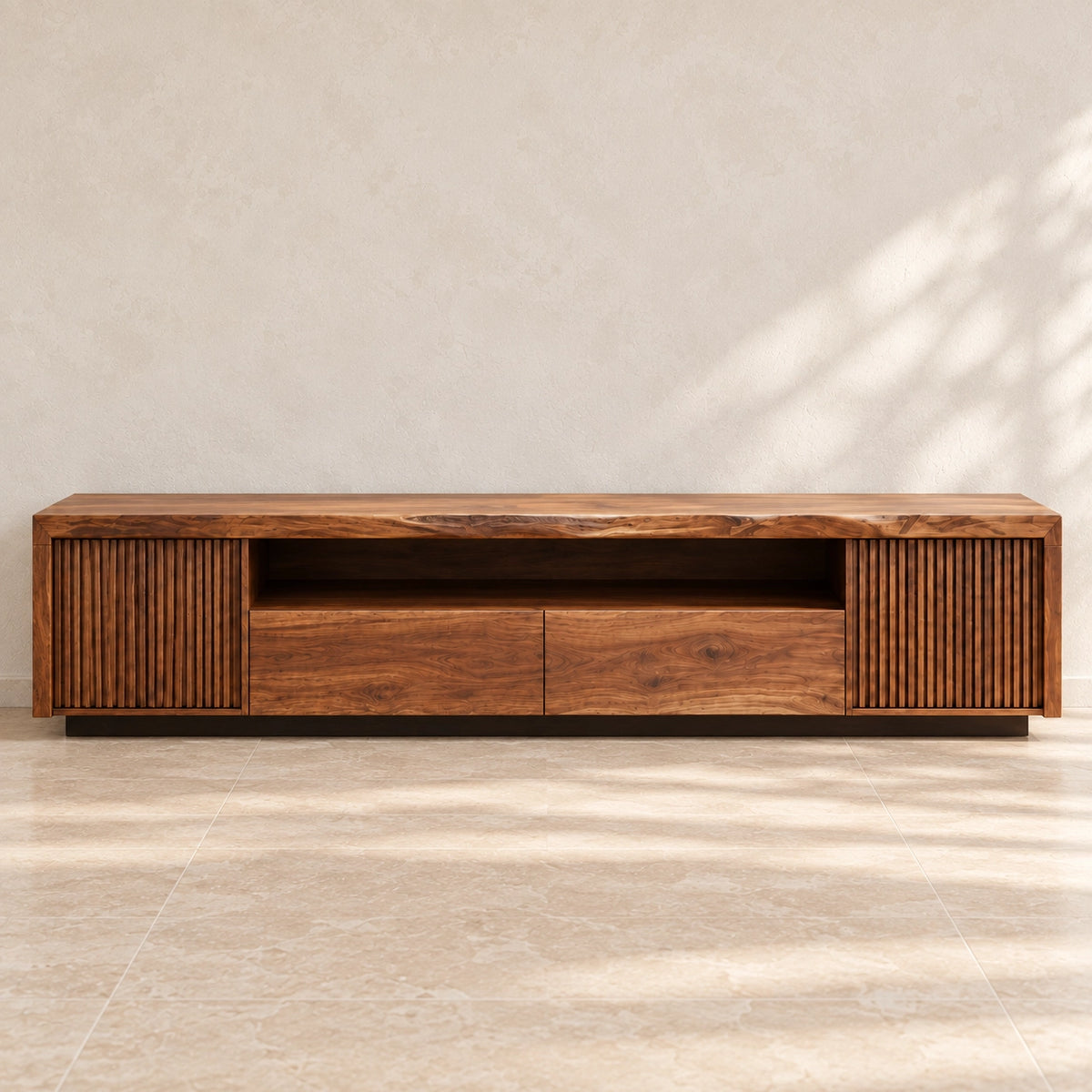 TV Stand with Fluted Cabinet Doors and Open Shelf in Natural Solid Wood - Woodenecho - 3