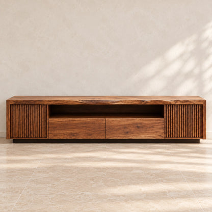 TV Stand with Fluted Cabinet Doors and Open Shelf in Natural Solid Wood - Woodenecho - 3