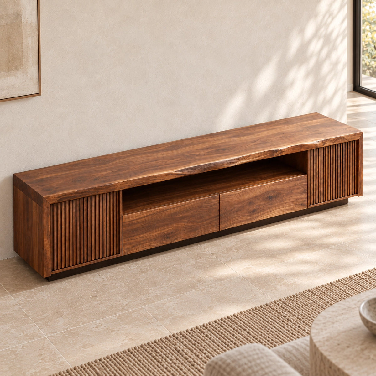 TV Stand with Fluted Cabinet Doors and Open Shelf in Natural Solid Wood - Woodenecho - 4