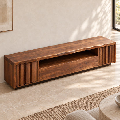 TV Stand with Fluted Cabinet Doors and Open Shelf in Natural Solid Wood - Woodenecho - 4