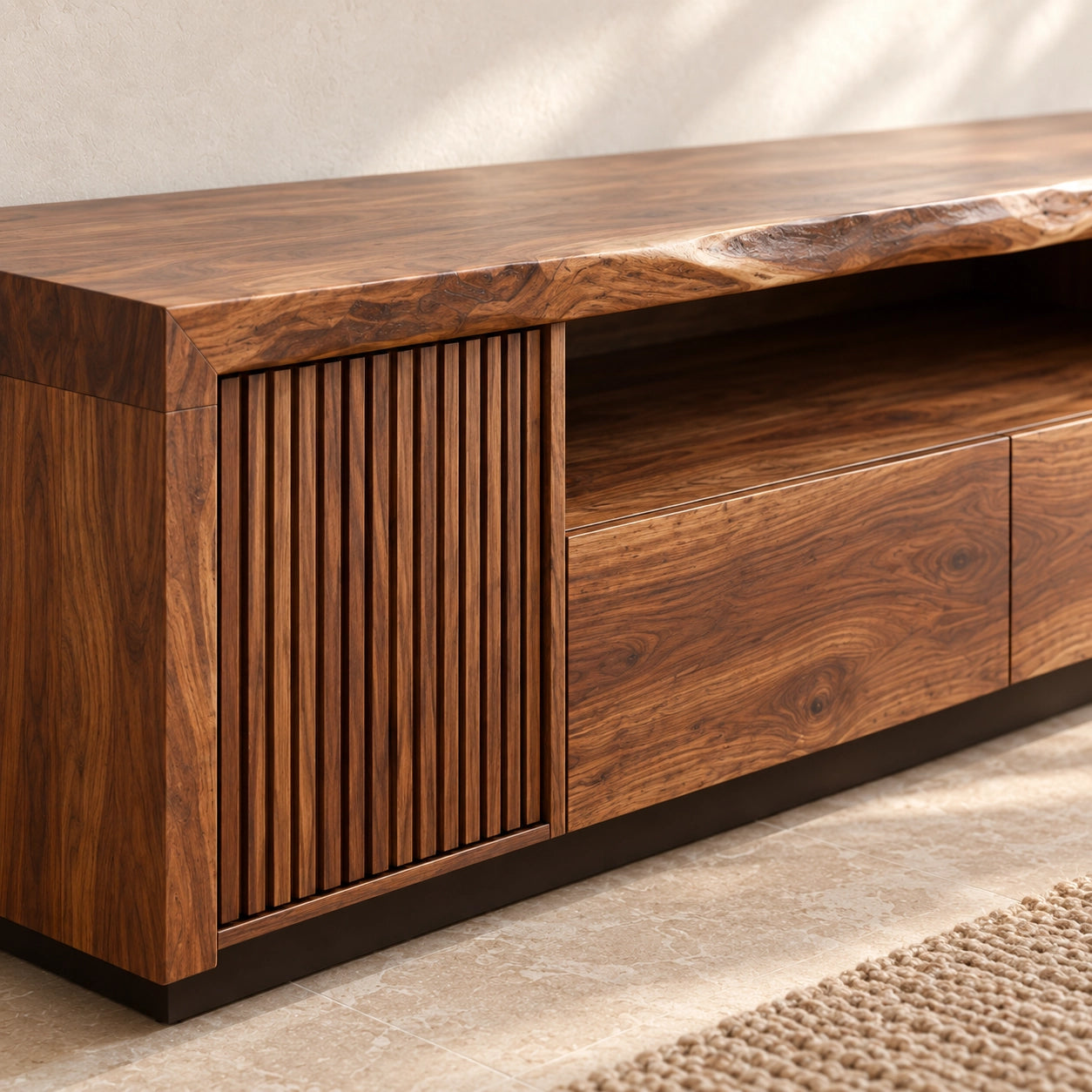 TV Stand with Fluted Cabinet Doors and Open Shelf in Natural Solid Wood - Woodenecho - 5