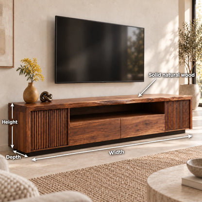 TV Stand with Fluted Cabinet Doors and Open Shelf in Natural Solid Wood - Woodenecho - 6