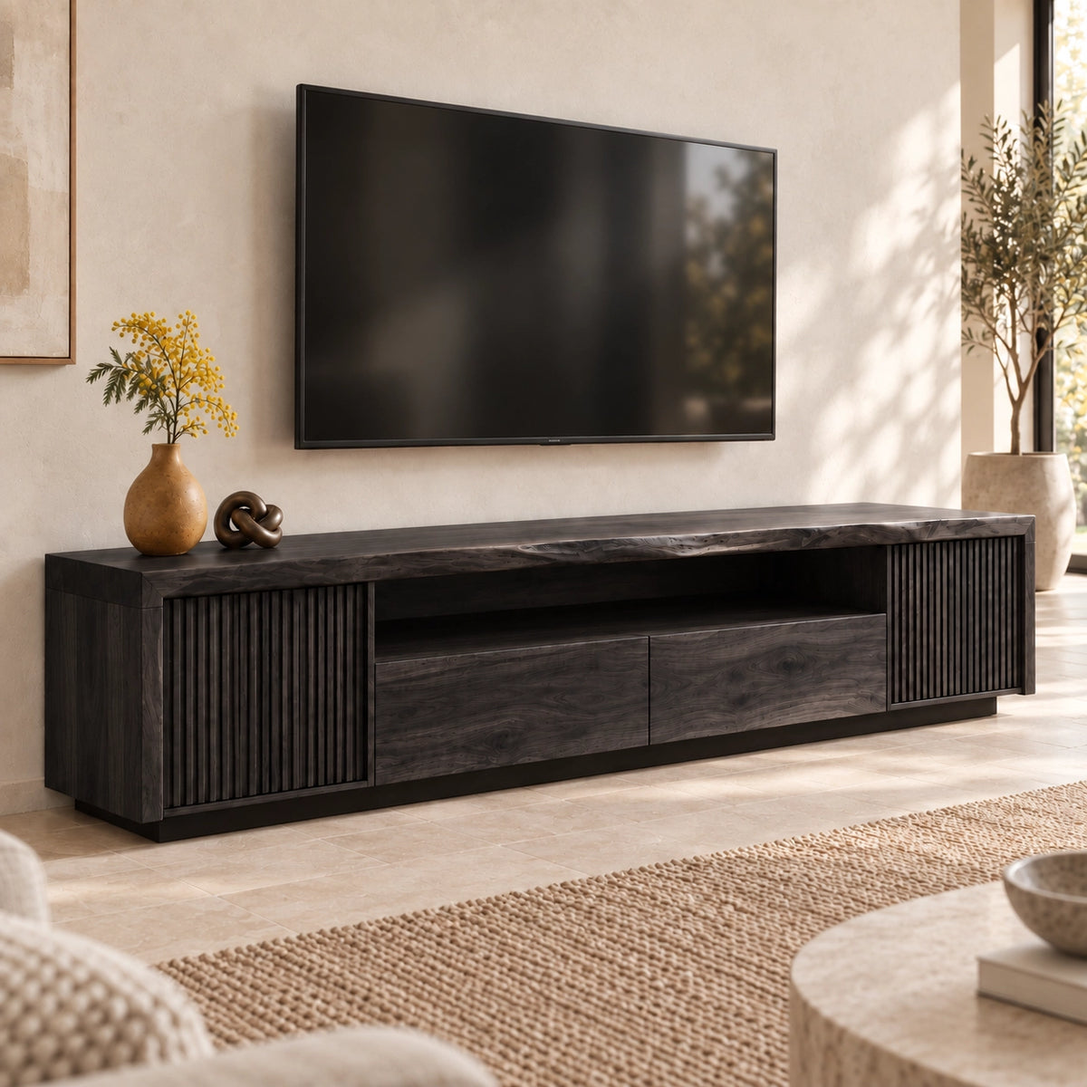 TV Stand with Fluted Cabinet Doors and Open Shelf in Natural Solid Wood - Woodenecho - 7