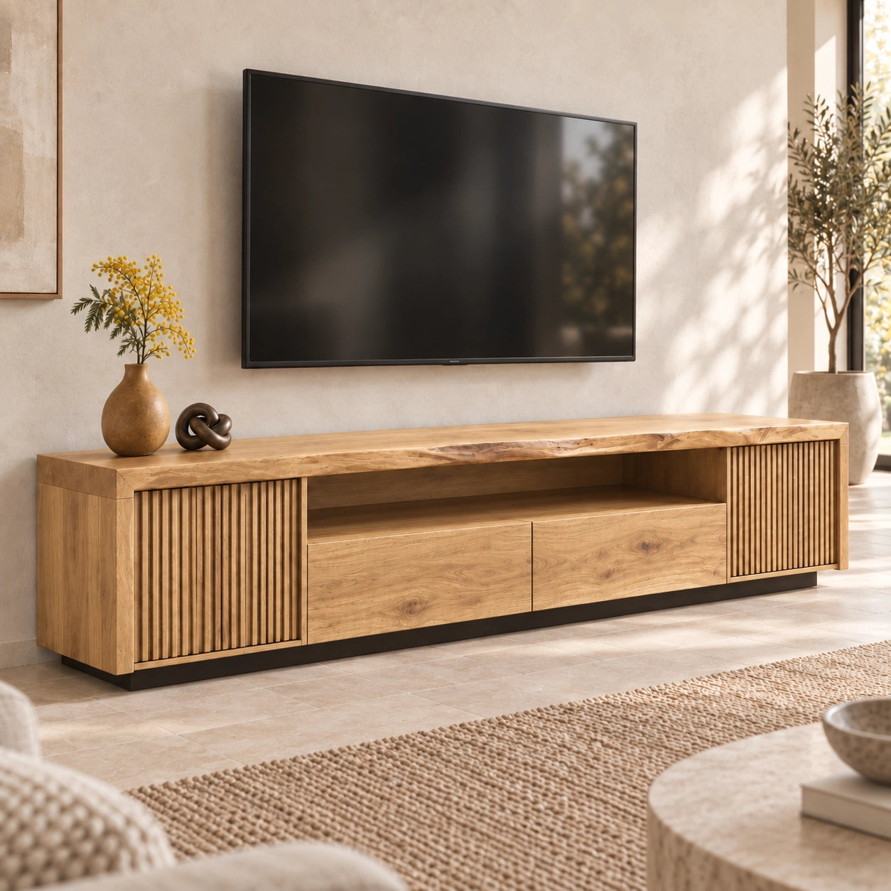 TV Stand with Fluted Cabinet Doors and Open Shelf in Natural Solid Wood - Woodenecho - 8