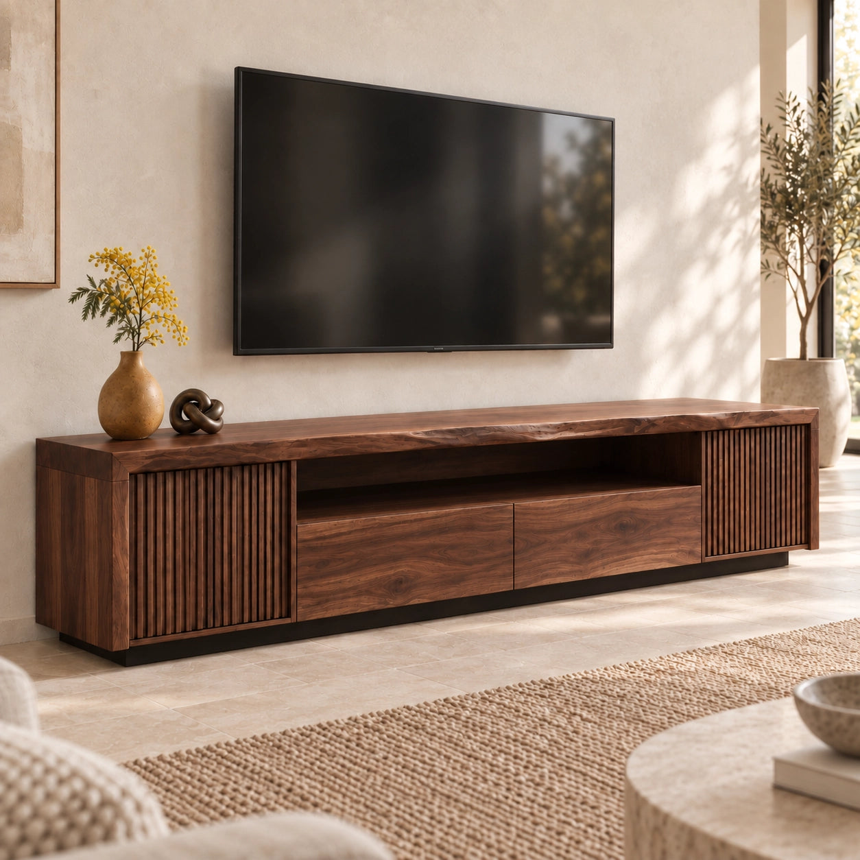 TV Stand with Fluted Cabinet Doors and Open Shelf in Natural Solid Wood - Woodenecho - 9