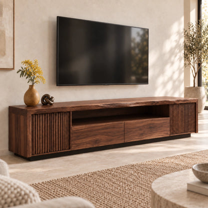 TV Stand with Fluted Cabinet Doors and Open Shelf in Natural Solid Wood - Woodenecho - 9