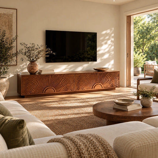 TV Stand with Fluted Wave Cabinet Doors in Natural Solid Wood Design - Woodenecho - 2