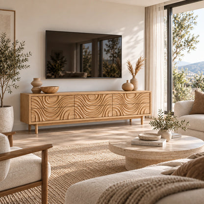 TV Stand with Hand-Carved Wave Relief Doors in Natural Solid Wood - Woodenecho - 1