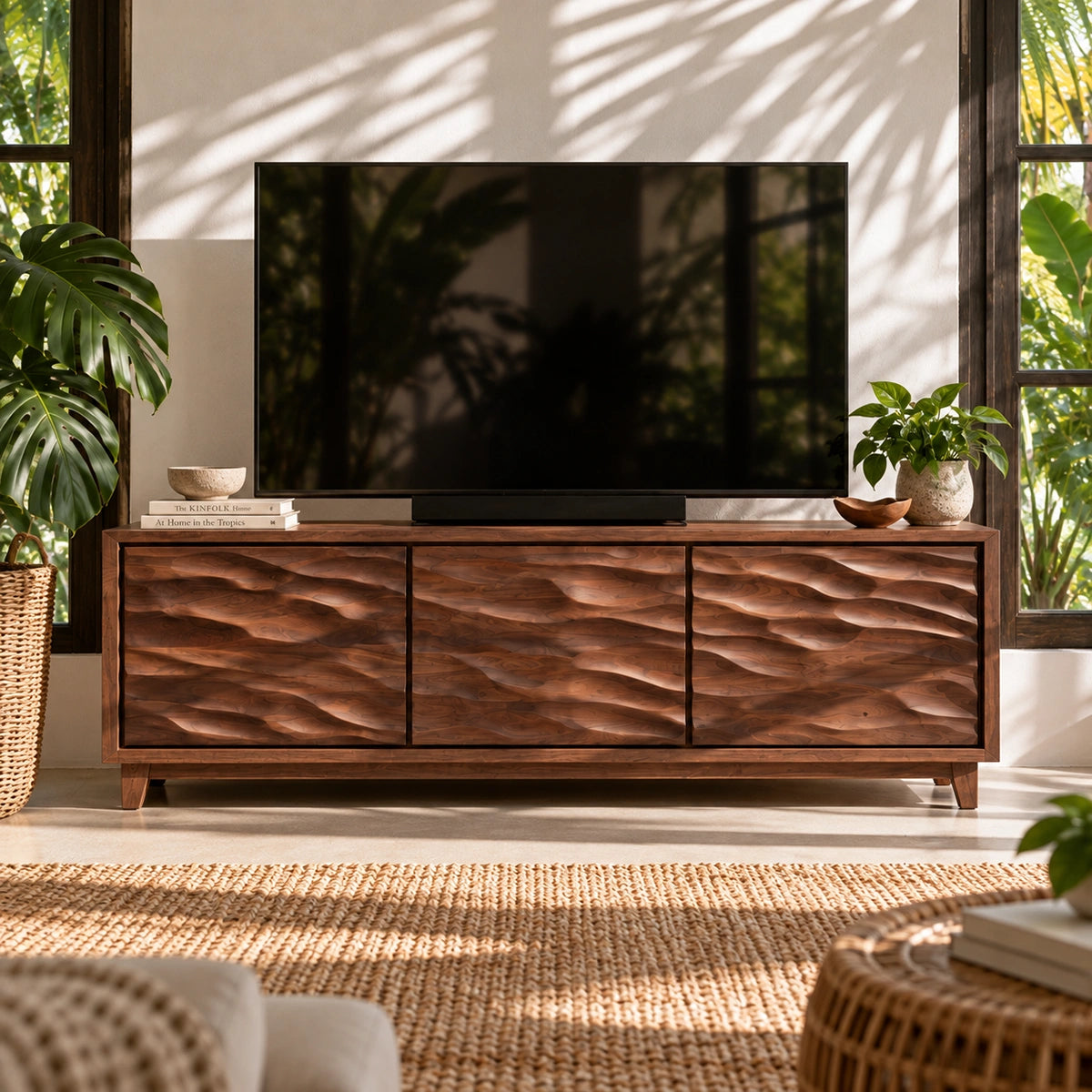 TV Stand with Hand-Carved Wave Relief Doors in Natural Solid Wood - Woodenecho - 2