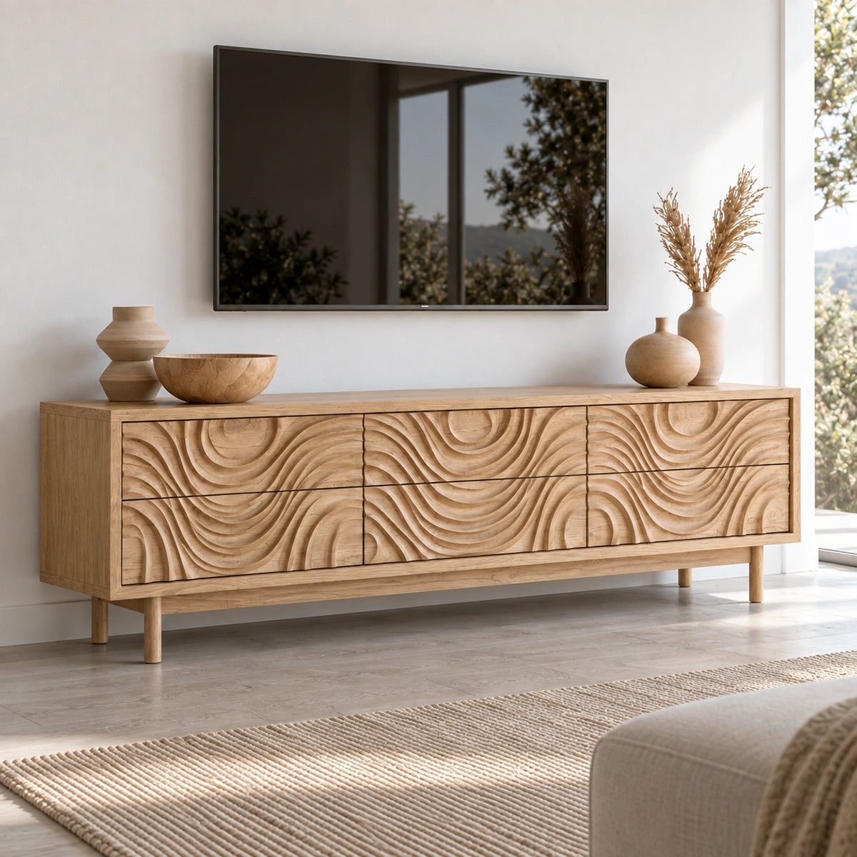 TV Stand with Hand-Carved Wave Relief Doors in Natural Solid Wood - Woodenecho - 2