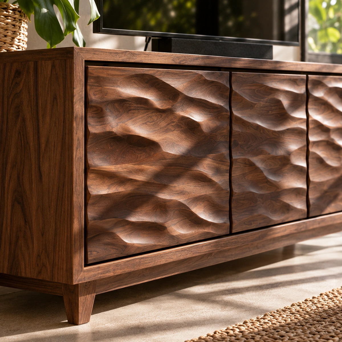 TV Stand with Hand-Carved Wave Relief Doors in Natural Solid Wood - Woodenecho - 3