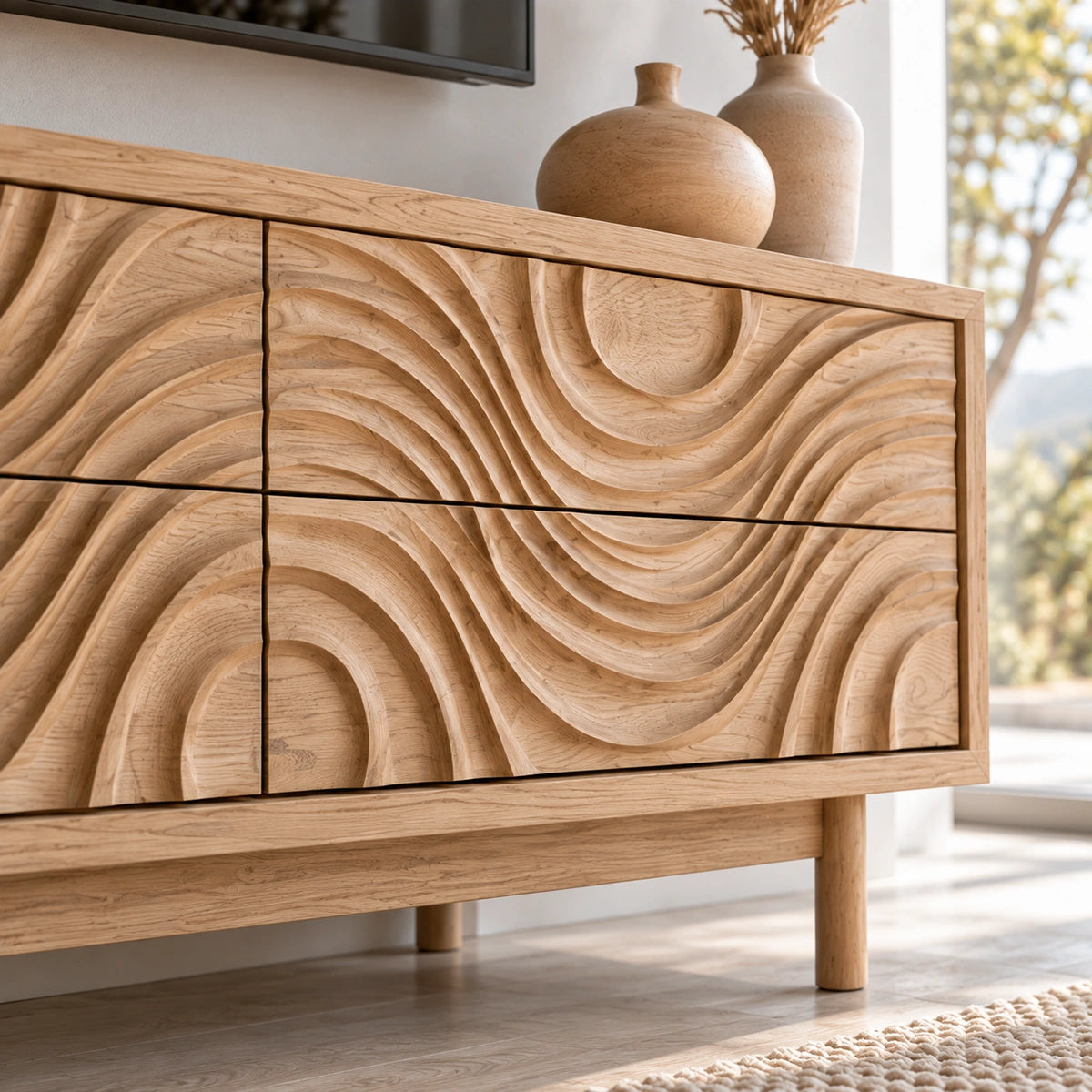 TV Stand with Hand-Carved Wave Relief Doors in Natural Solid Wood - Woodenecho - 3