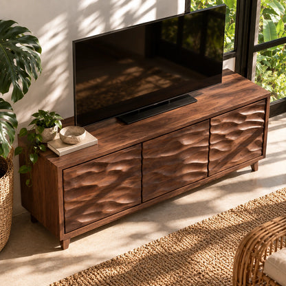TV Stand with Hand-Carved Wave Relief Doors in Natural Solid Wood - Woodenecho - 4