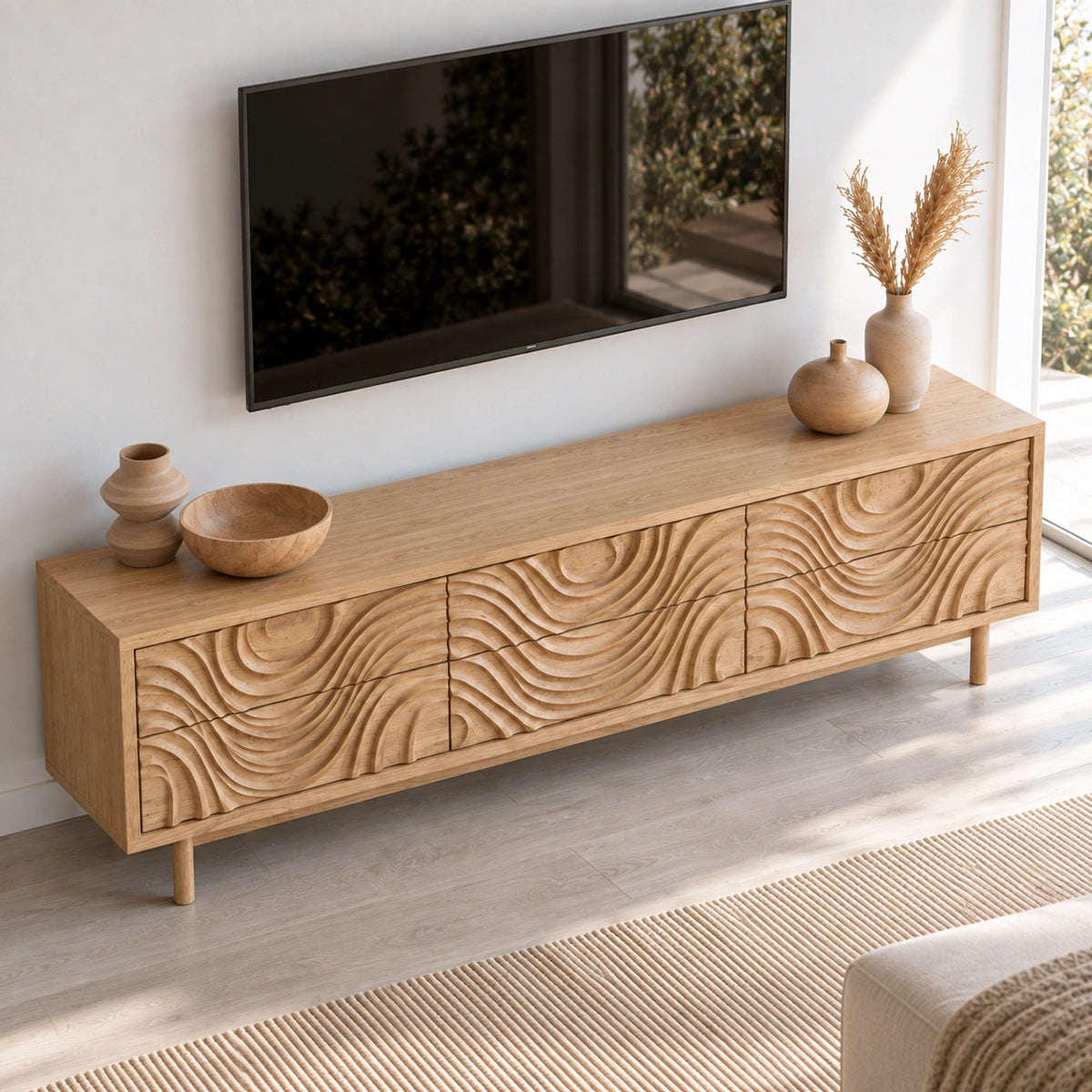 TV Stand with Hand-Carved Wave Relief Doors in Natural Solid Wood - Woodenecho - 4
