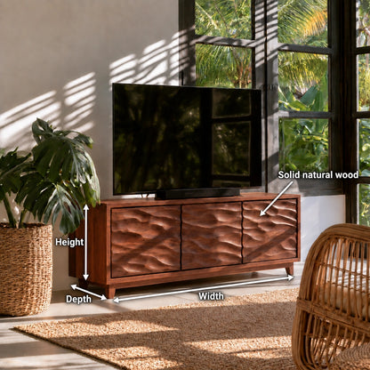 TV Stand with Hand-Carved Wave Relief Doors in Natural Solid Wood - Woodenecho - 5