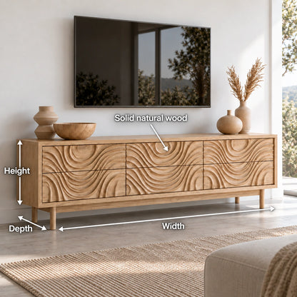 TV Stand with Hand-Carved Wave Relief Doors in Natural Solid Wood - Woodenecho - 5