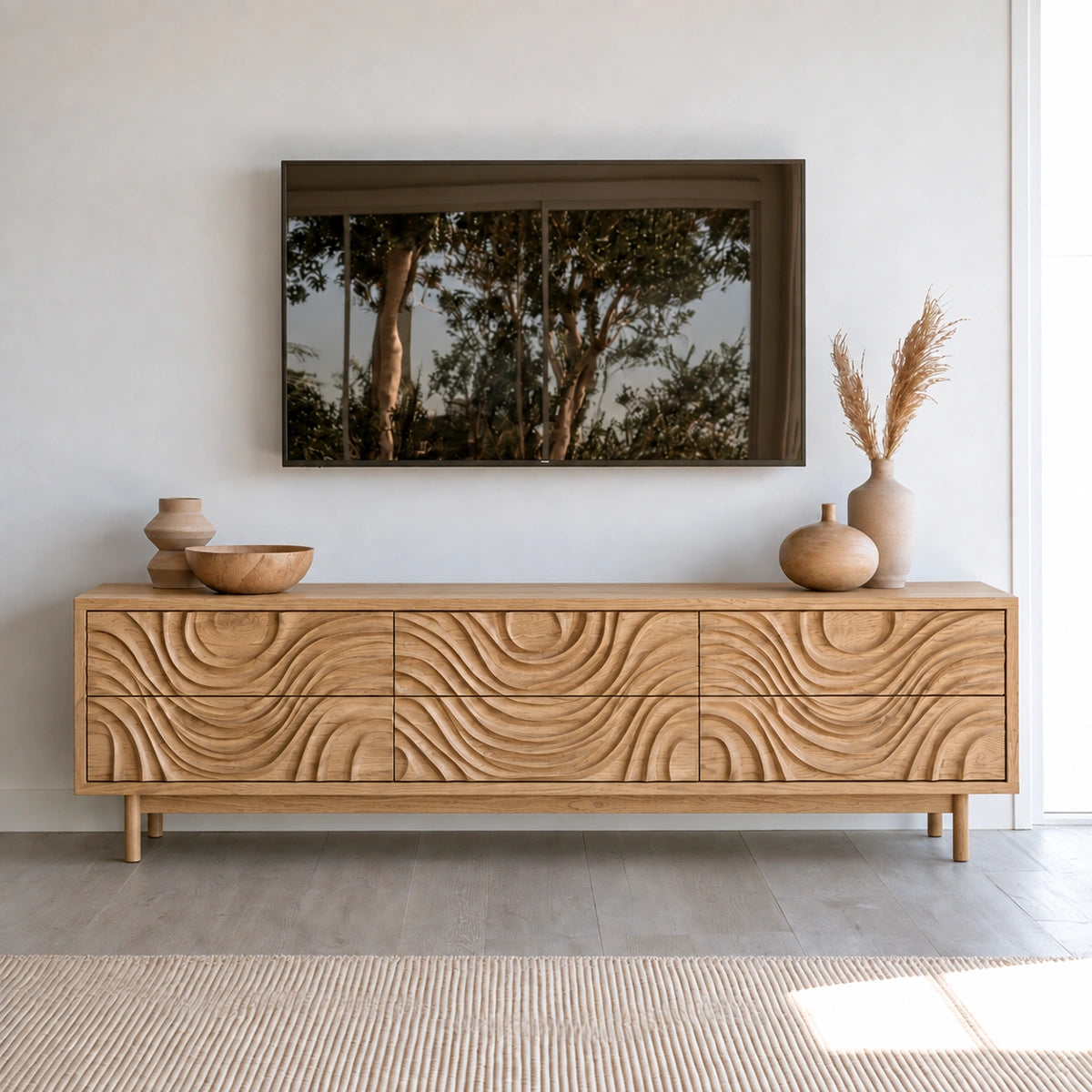 TV Stand with Hand-Carved Wave Relief Doors in Natural Solid Wood - Woodenecho - 6