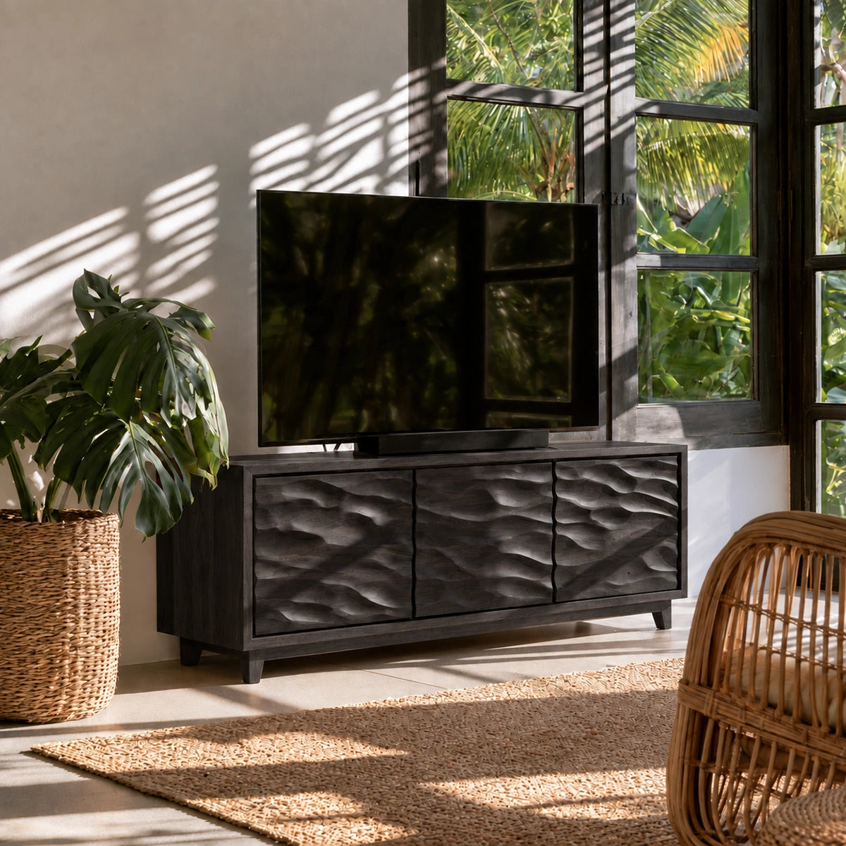 TV Stand with Hand-Carved Wave Relief Doors in Natural Solid Wood - Woodenecho - 7