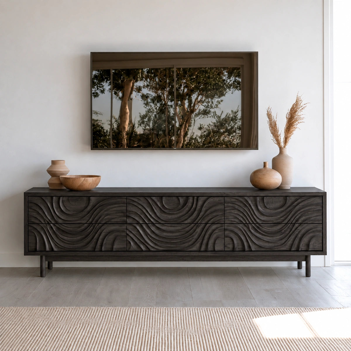 TV Stand with Hand-Carved Wave Relief Doors in Natural Solid Wood - Woodenecho - 7