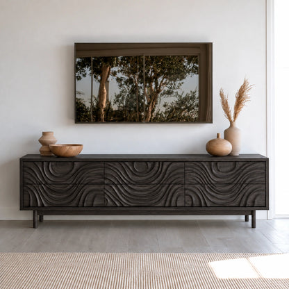 TV Stand with Hand-Carved Wave Relief Doors in Natural Solid Wood - Woodenecho - 7