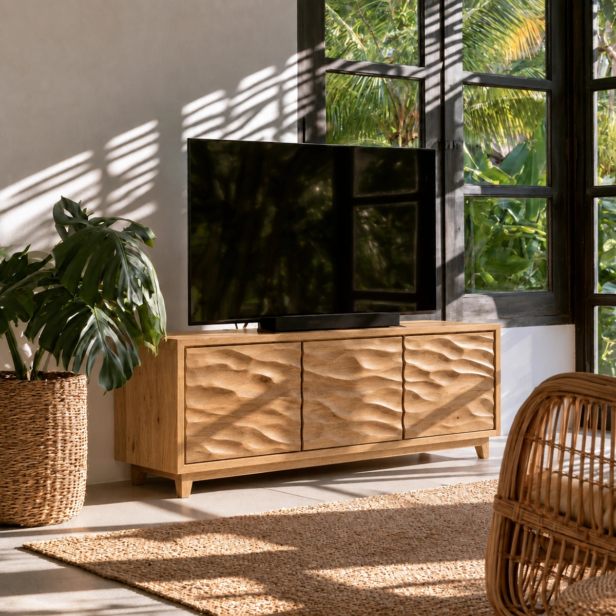 TV Stand with Hand-Carved Wave Relief Doors in Natural Solid Wood - Woodenecho - 8