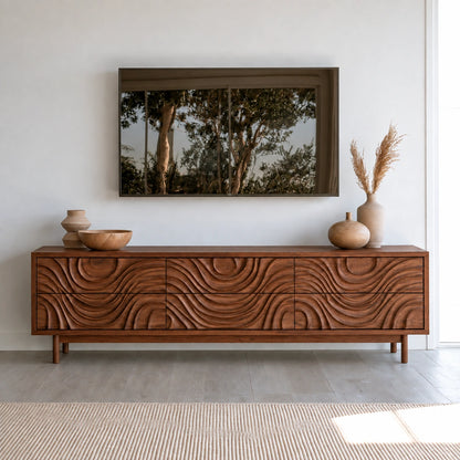 TV Stand with Hand-Carved Wave Relief Doors in Natural Solid Wood - Woodenecho - 8