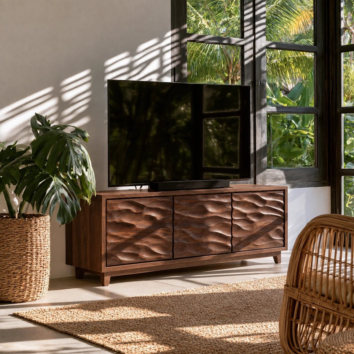 TV Stand with Hand-Carved Wave Relief Doors in Natural Solid Wood - Woodenecho - 9