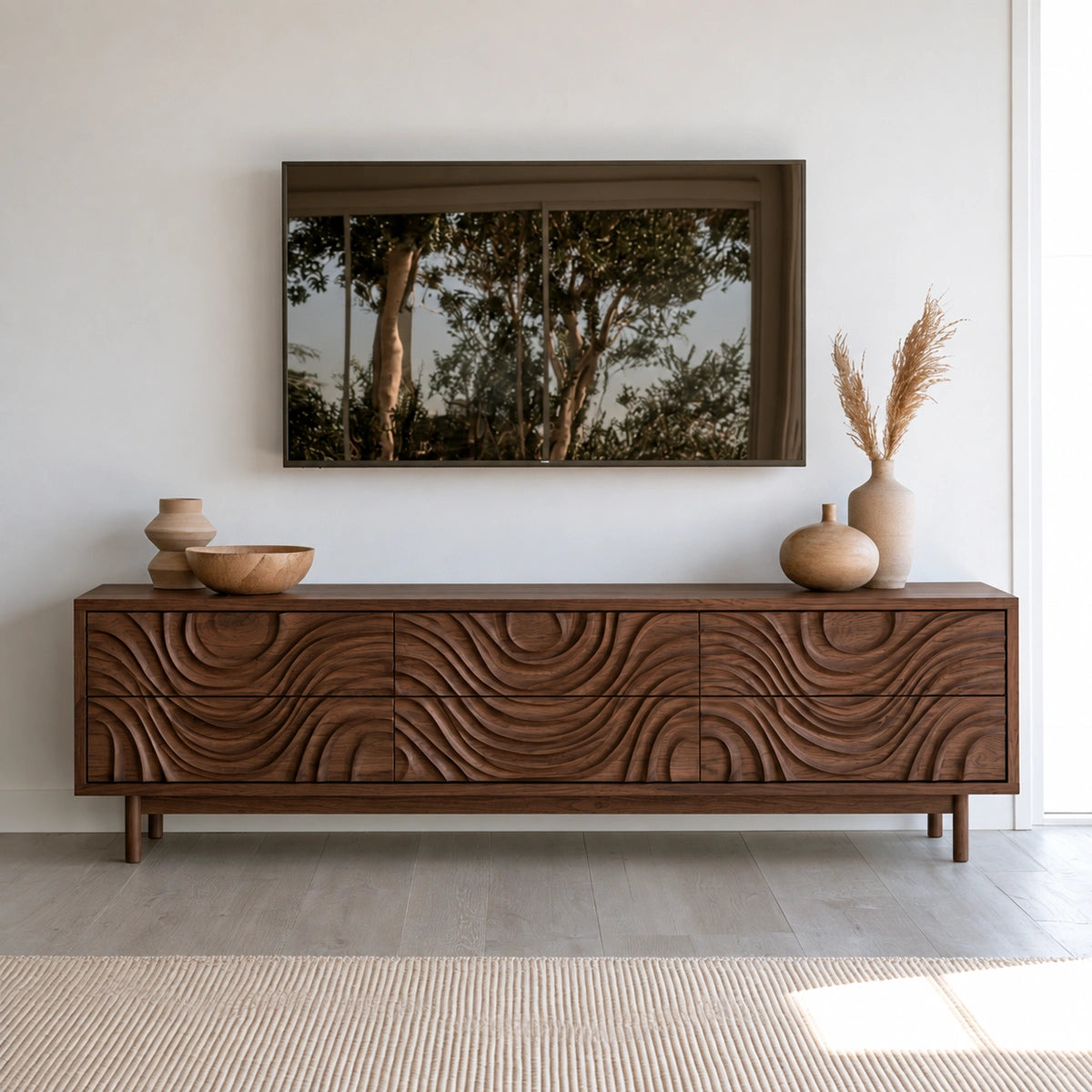 TV Stand with Hand-Carved Wave Relief Doors in Natural Solid Wood - Woodenecho - 9