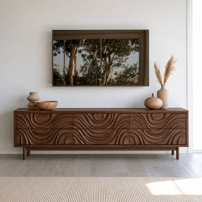 TV Stand with Hand-Carved Wave Relief Doors in Natural Solid Wood - Woodenecho - 9