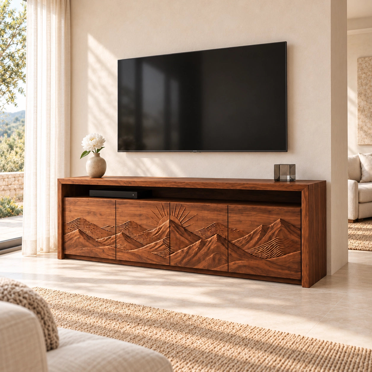 TV Stand with Mountain-Carved Cabinet Doors in Natural Solid Wood - Woodenecho - 1
