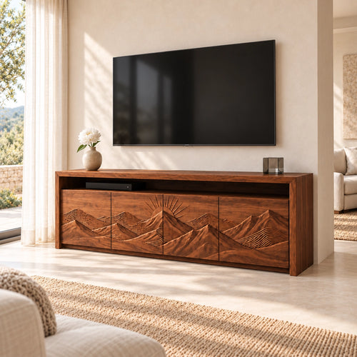 TV Stand with Mountain-Carved Cabinet Doors in Natural Solid Wood - Woodenecho - 1