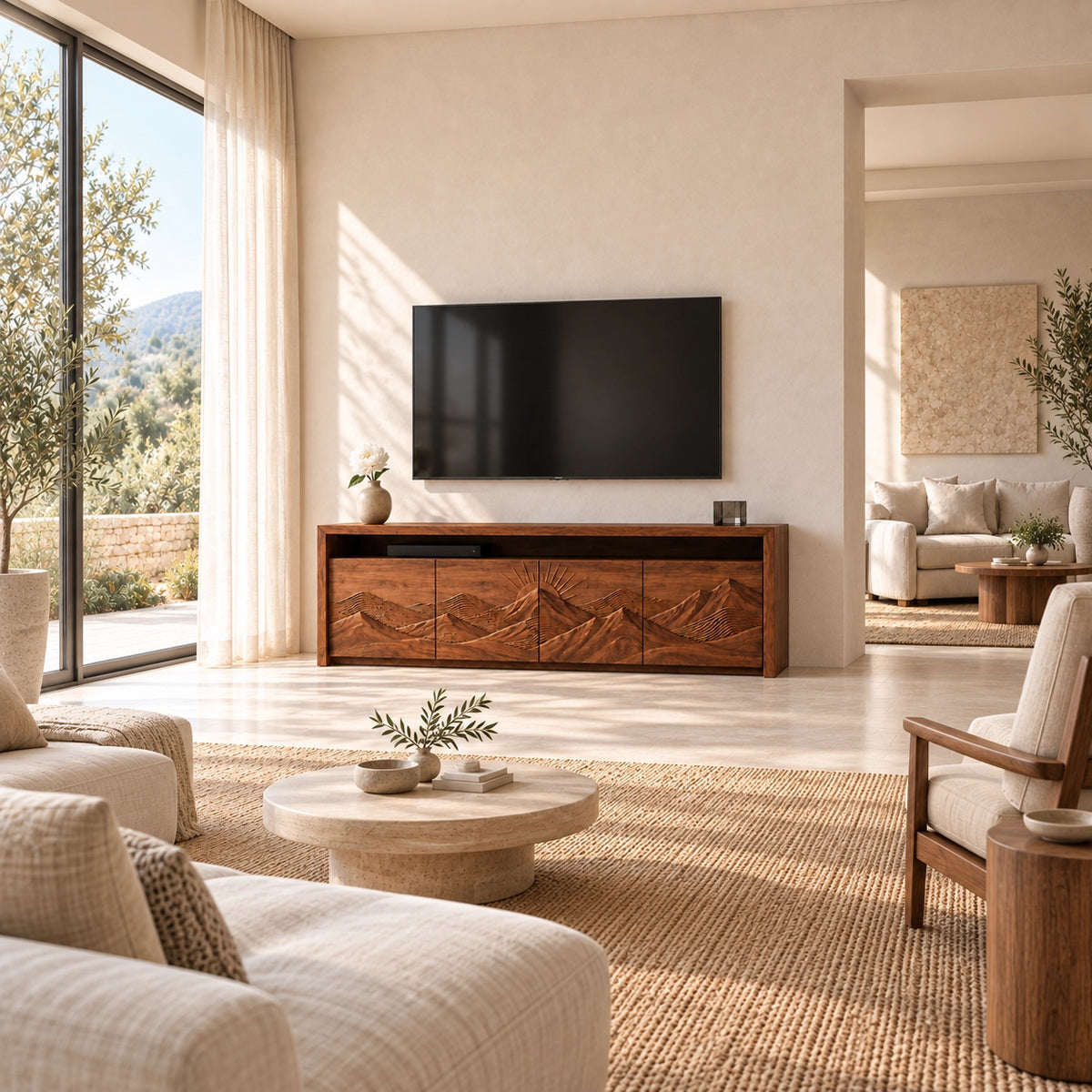 TV Stand with Mountain-Carved Cabinet Doors in Natural Solid Wood - Woodenecho - 2