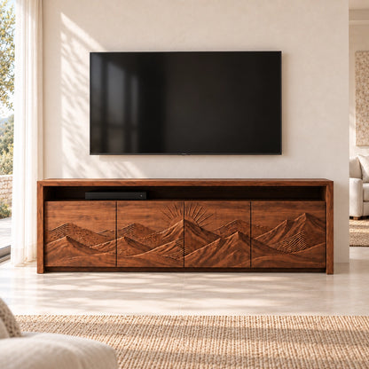 TV Stand with Mountain-Carved Cabinet Doors in Natural Solid Wood - Woodenecho - 3