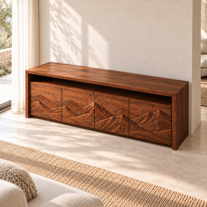 TV Stand with Mountain-Carved Cabinet Doors in Natural Solid Wood - Woodenecho - 4