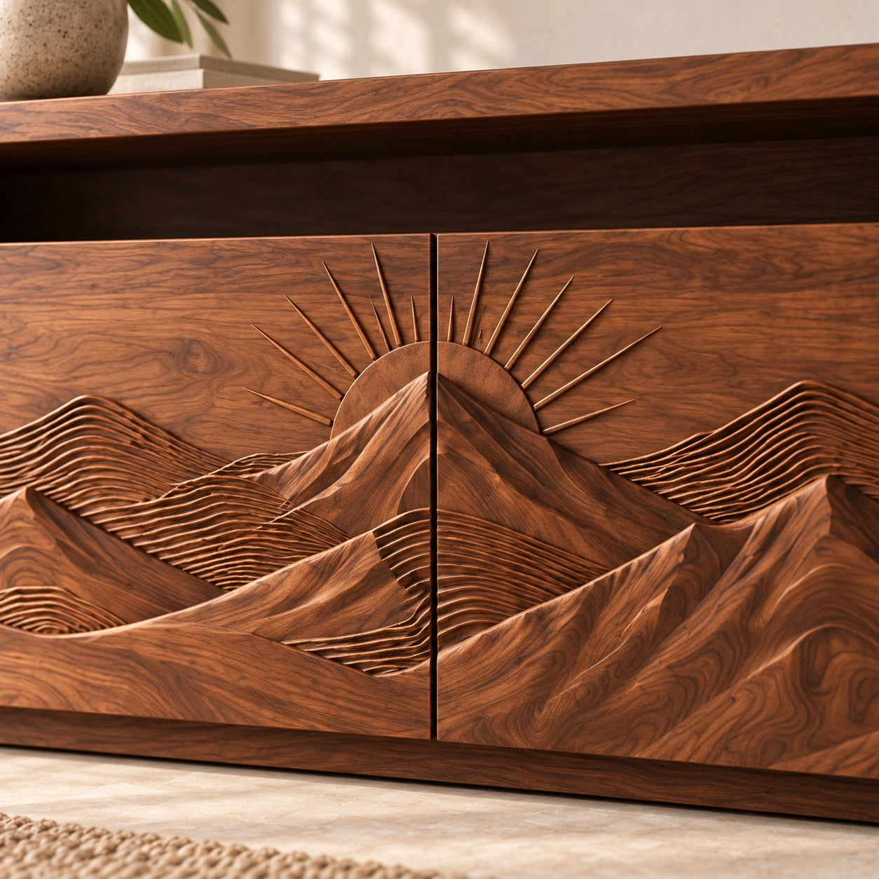 TV Stand with Mountain-Carved Cabinet Doors in Natural Solid Wood - Woodenecho - 5