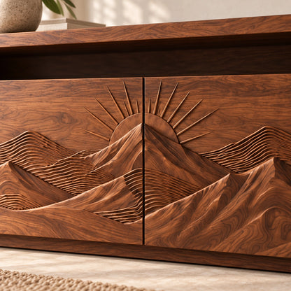 TV Stand with Mountain-Carved Cabinet Doors in Natural Solid Wood - Woodenecho - 5