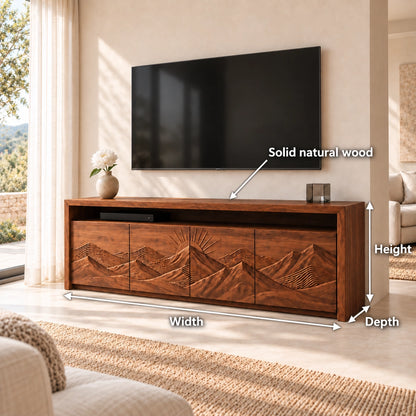 TV Stand with Mountain-Carved Cabinet Doors in Natural Solid Wood - Woodenecho - 6