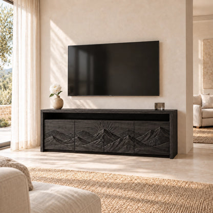 TV Stand with Mountain-Carved Cabinet Doors in Natural Solid Wood - Woodenecho - 7