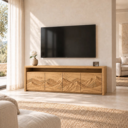 TV Stand with Mountain-Carved Cabinet Doors in Natural Solid Wood - Woodenecho - 8
