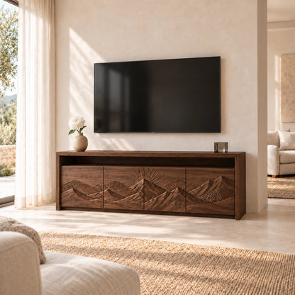 TV Stand with Mountain-Carved Cabinet Doors in Natural Solid Wood - Woodenecho - 9