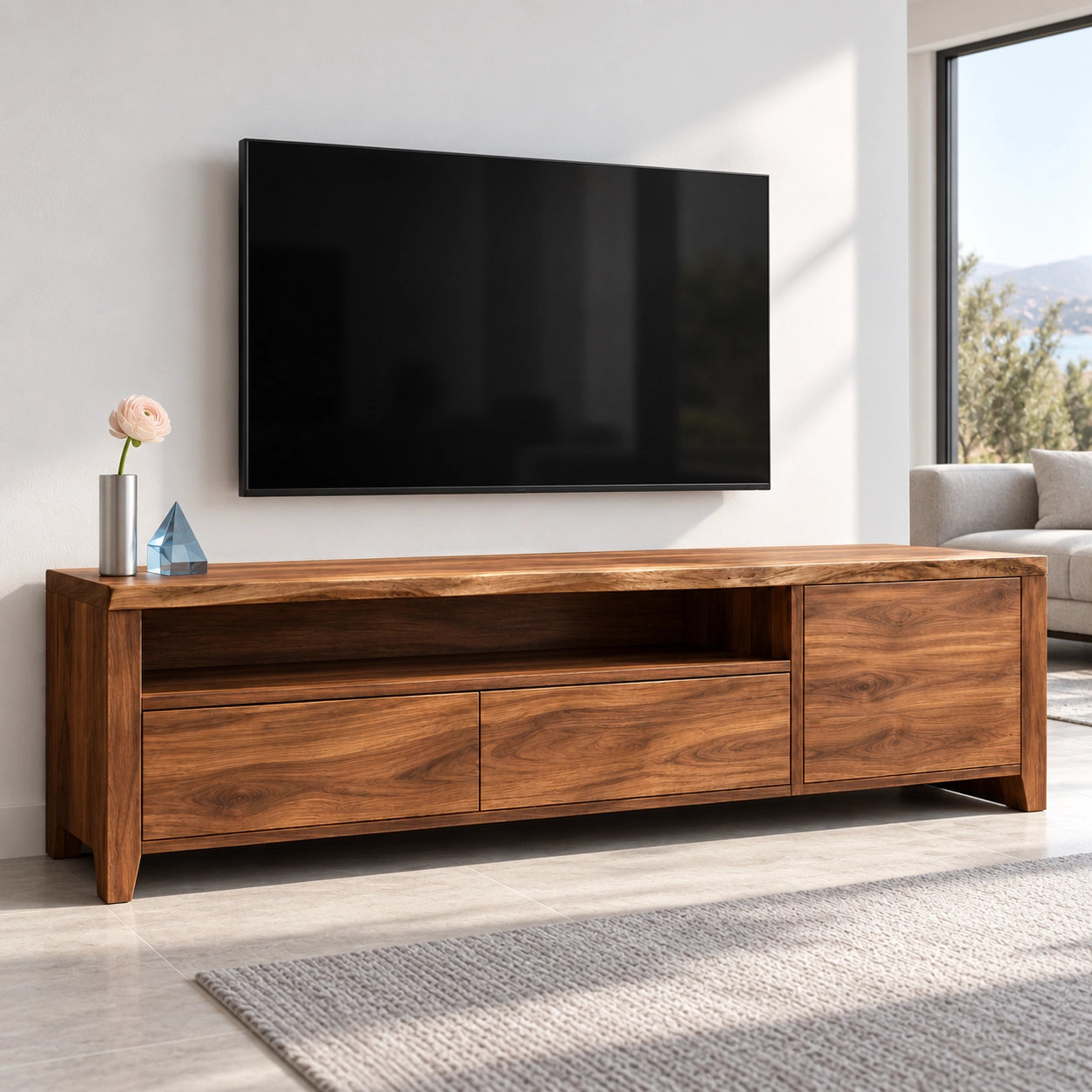 TV Stand with Open Shelf and Drawer Storage in Natural Solid Wood - Woodenecho - 1