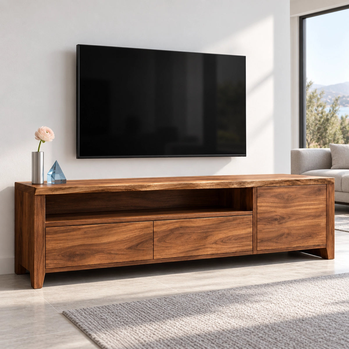 TV Stand with Open Shelf and Drawer Storage in Natural Solid Wood - Woodenecho - 1