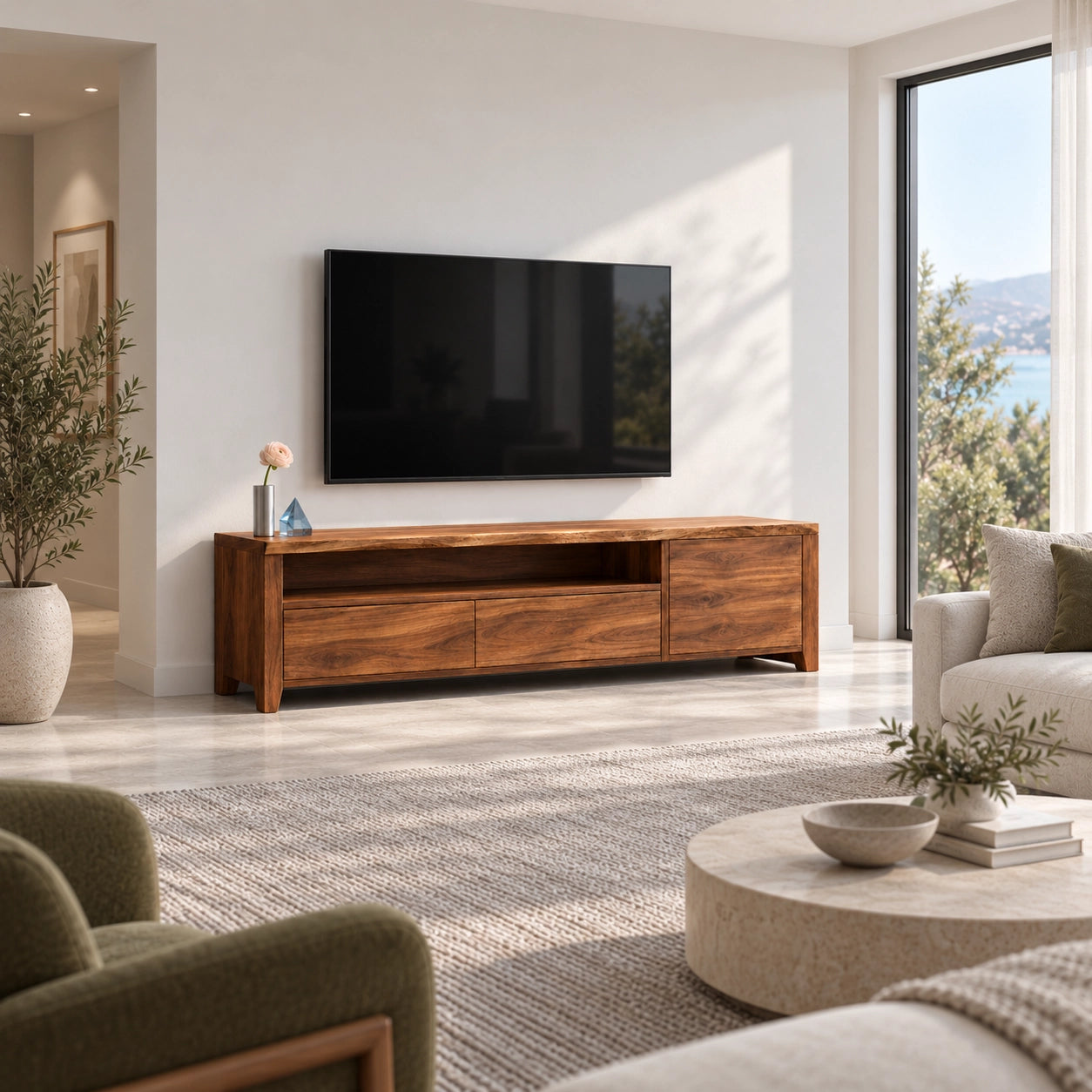 TV Stand with Open Shelf and Drawer Storage in Natural Solid Wood - Woodenecho - 2