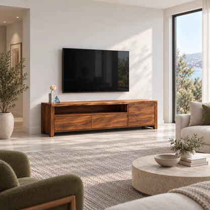 TV Stand with Open Shelf and Drawer Storage in Natural Solid Wood - Woodenecho - 2